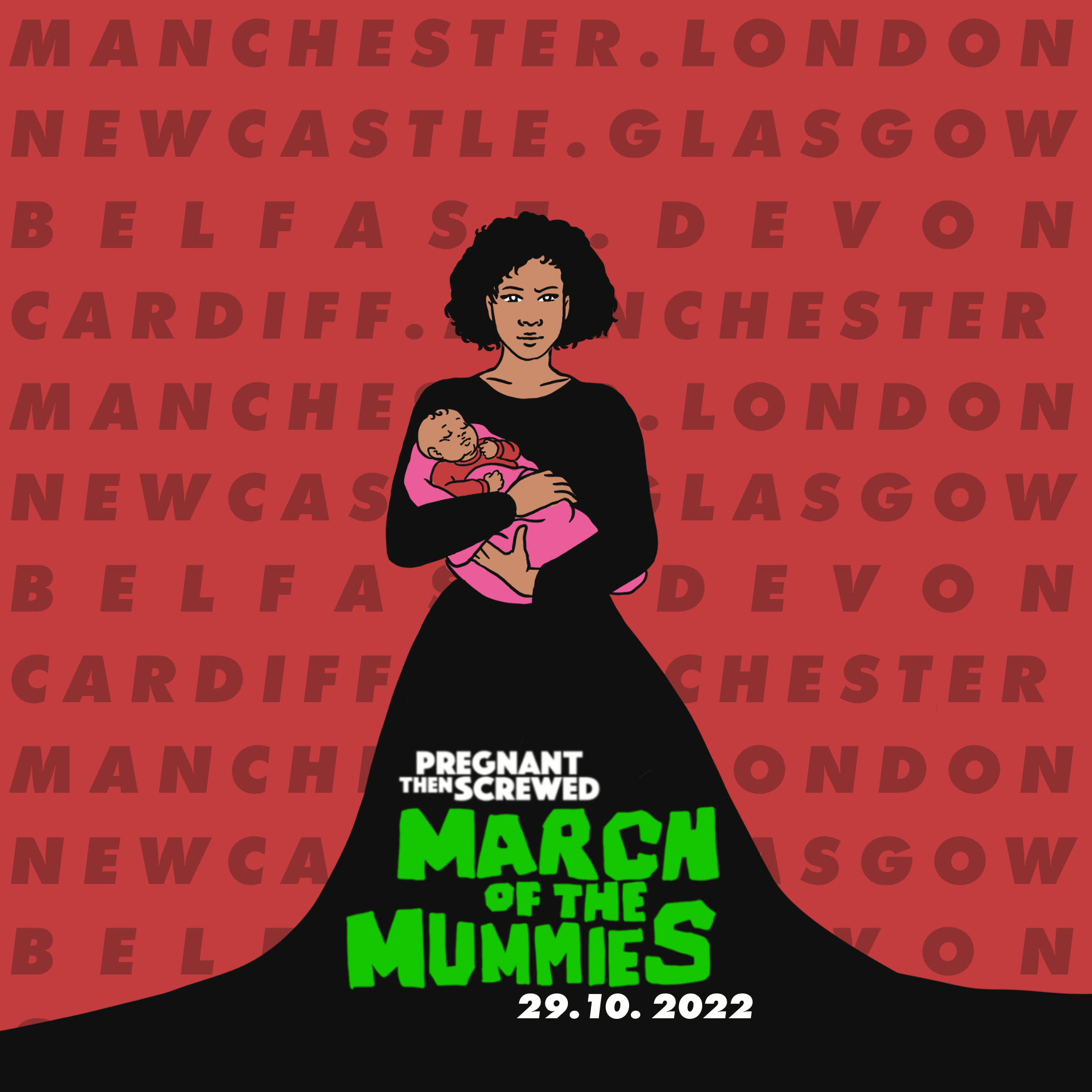 Alt text: March Of The Mummies 2022 logo, woman in black dress holding her baby