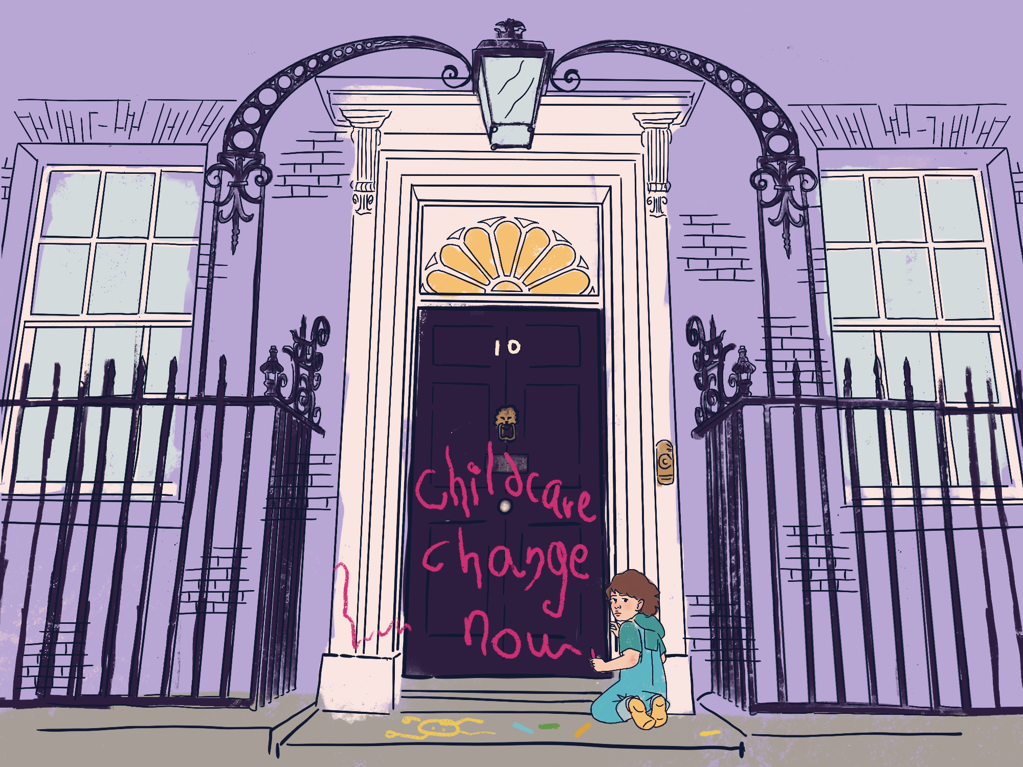 Image description: illustration of No.10 Downing street entrance with a child kneeling on the front step writing 