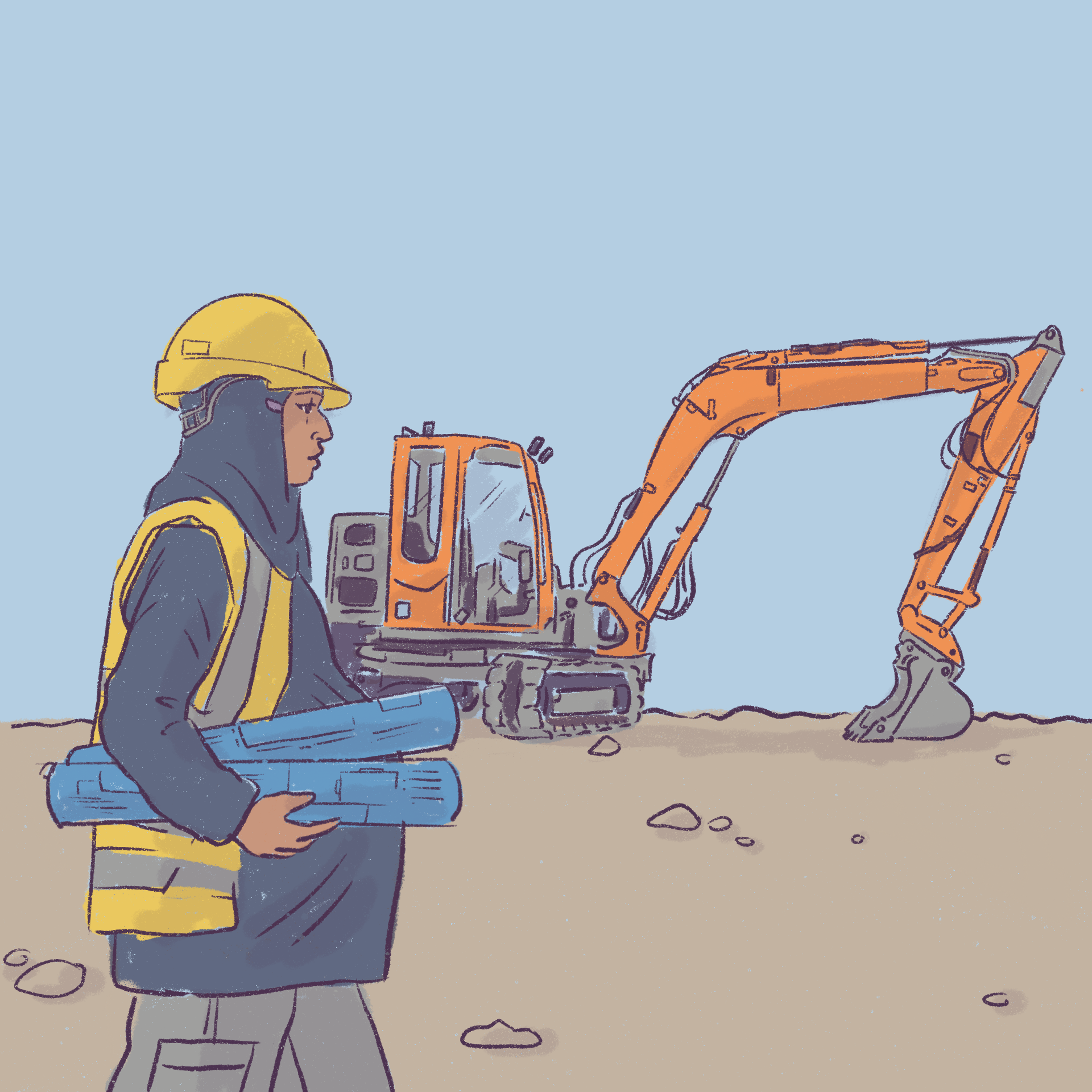 Pregnant woman working on a building site, walking by a bulldozer with blueprints, wearing a high vis vest, headscarf and hardhat