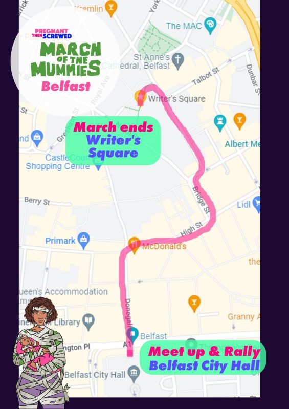 Alt text: route map for Belfast march of the mummies from Belfast City Hall to Writer's Square