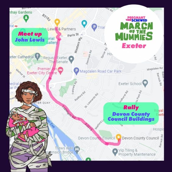 Alt text: March of the mummies Exeter route from John Lewis to the DCC buildings