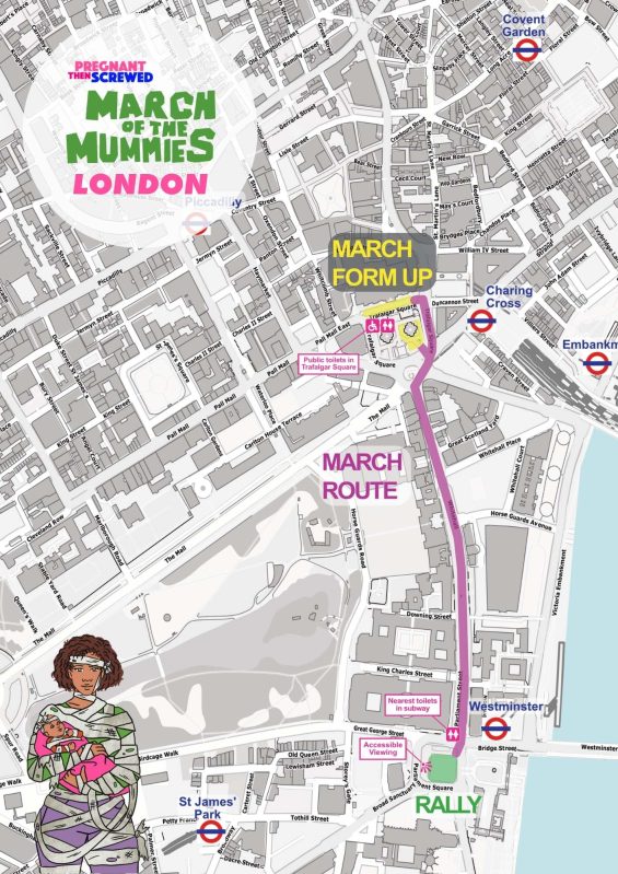 Alt text: London march of the mummies route from Trafalgar square to Westminster