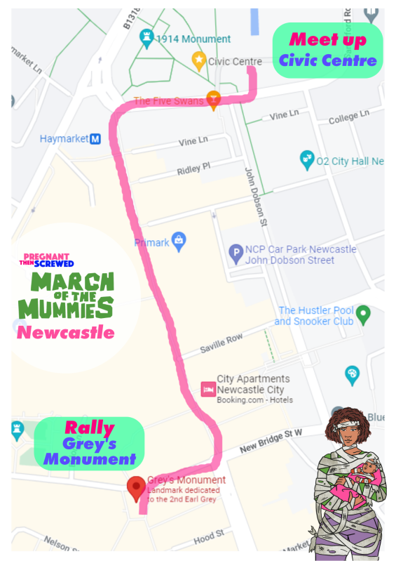 Alt text: Newcastle march of the mummies route map from Civic centre to Grey's Monument