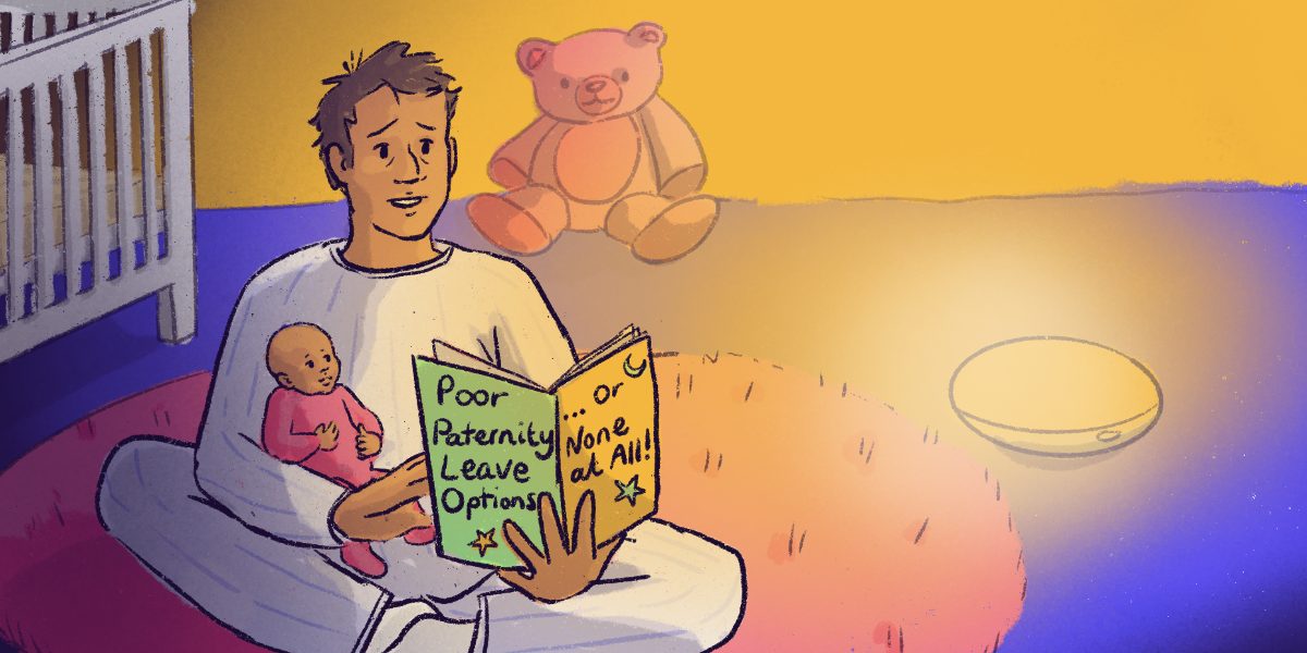 Alt text: drawing of a really tired looking father sitting in a baby's room at night, reading a story to his baby, with the book cover saying 