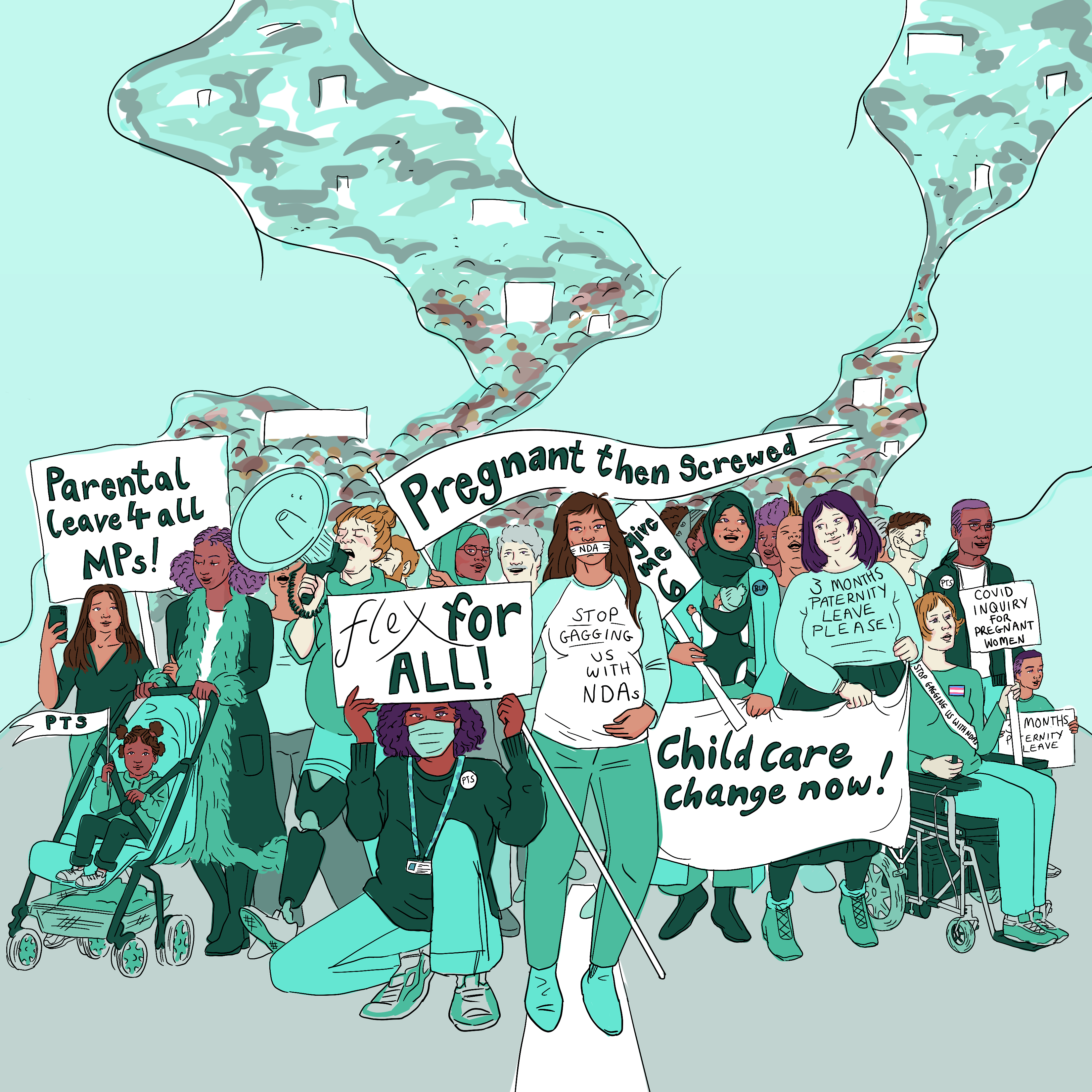 Alt text: drawing of a huge Pregnant Then Screwed protest