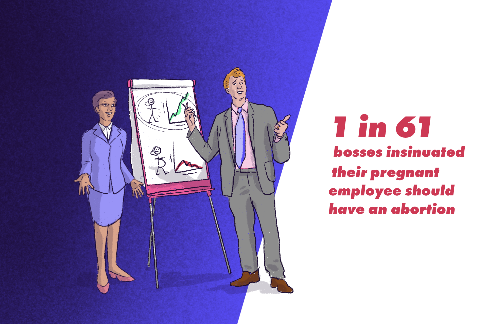 A man and a woman in suits next to a flip chart showing an upwards graph next to a stick man and a downwards graph next to a pregnant woman