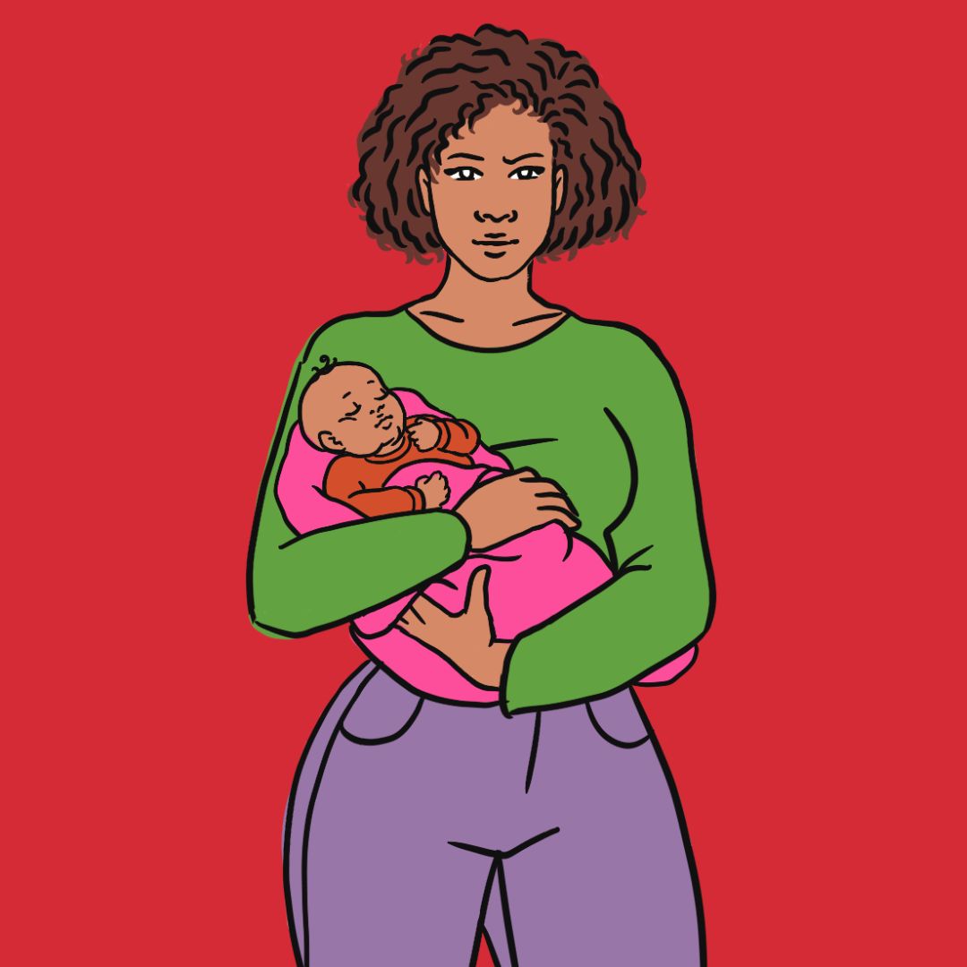 Image description: March of the Mummies logo, woman in jeans and a green shirt holding her baby