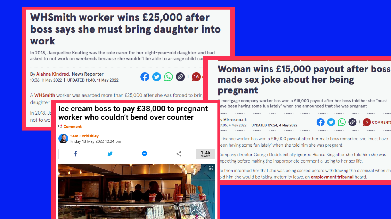 Image description: Headlines of women winning maternity discrimination cases