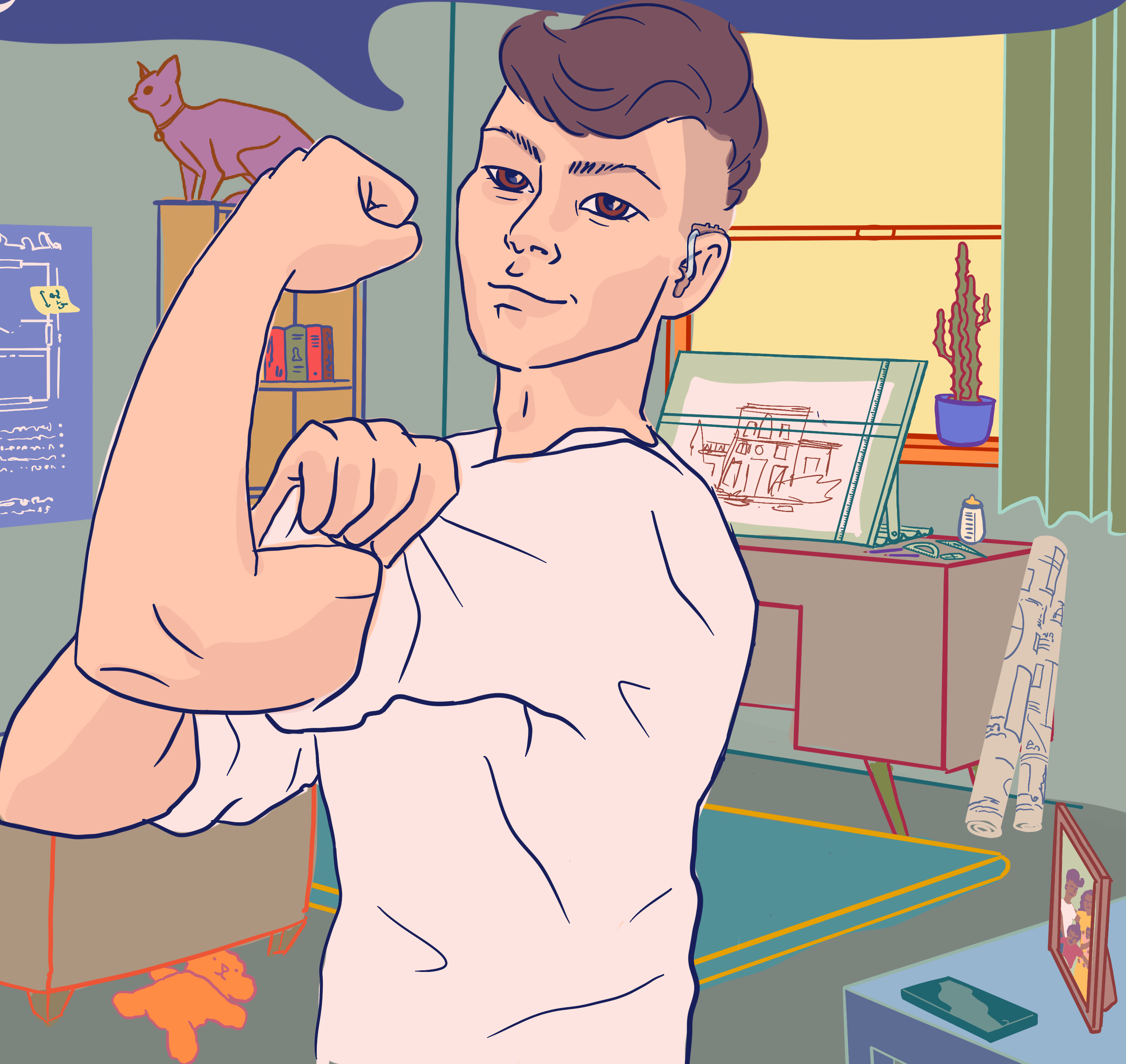Image description: Illustration of woman with short hair flexing her bicep saying 2We can work remotely!