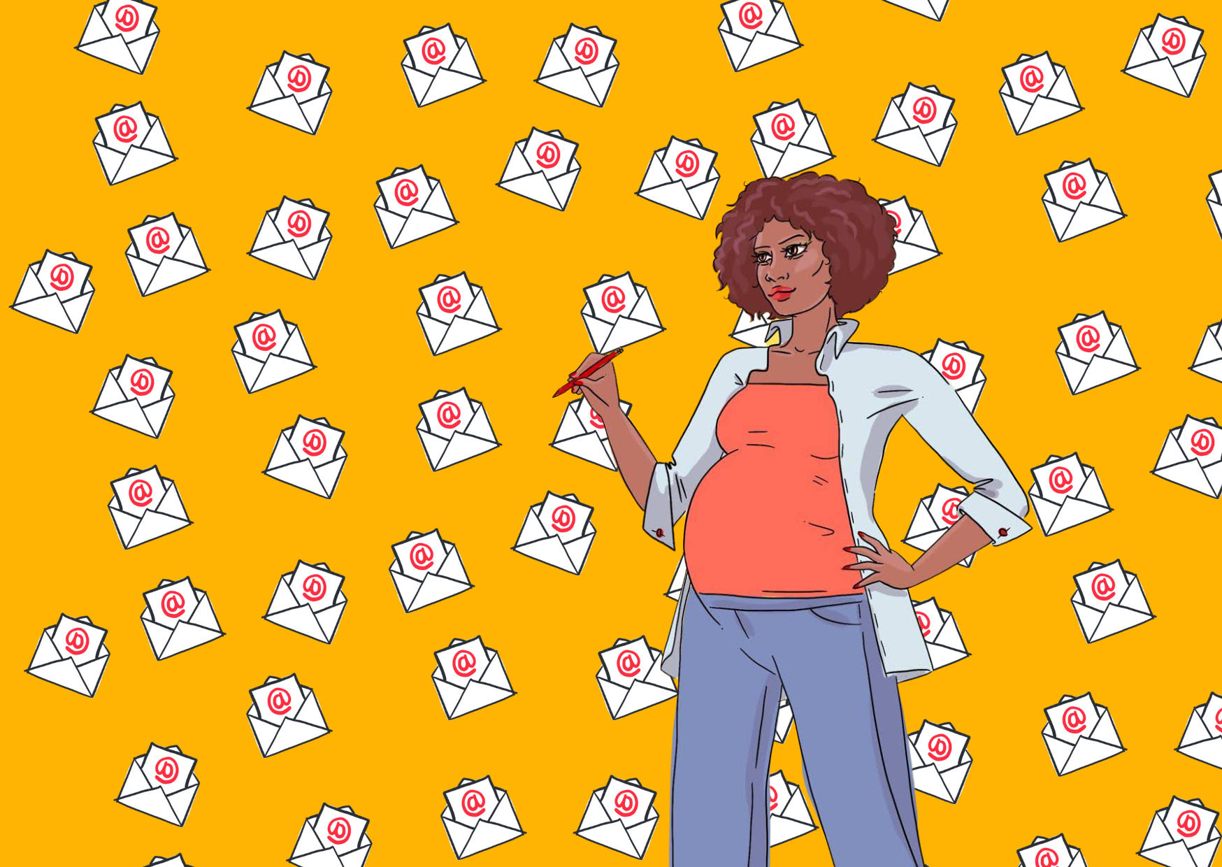 Alt text: Illustration of pregnant woman holding a pen surrounded by letters in envelopes