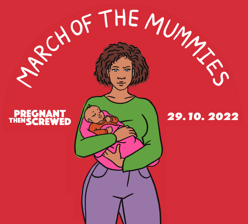 Alt text: March of the Mummies logo, woman in jeans and a green shirt holding her baby