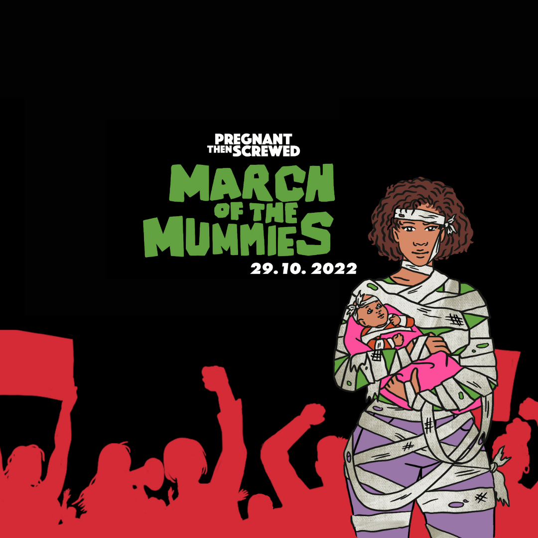 Alt text: March of the Mummies logo with a woman in bandages carrying a baby infront of a throng of protesters